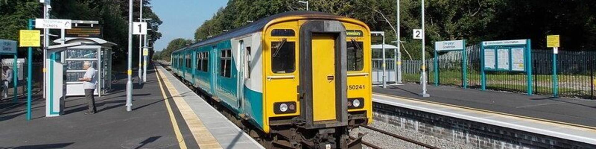 Shrewsbury train at Gowerton. Passengers at Gowerton station have a choice of two routes to Shrewsbury. This Arriva Trains Wales service from Swansea will use the Heart of Wales Line via Llanelli. This is a scenic route, but slower than the main line route via Cardiff, Newport and the Welsh Marches line. Trains on that route depart from the other platform.