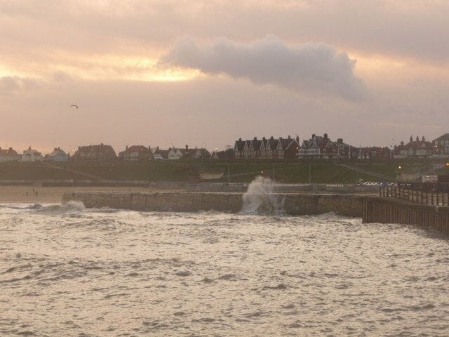 Gorleston: another big wave pounds the breakwater A similar but wider view to 1605183, a big wave has just come up spectacularly against the breakwater at the north end of the beach.