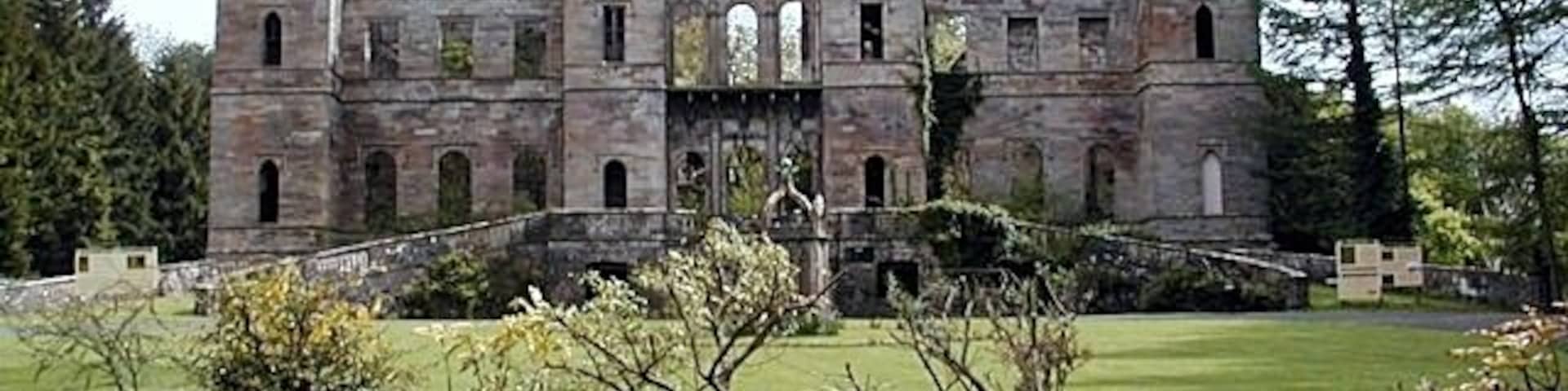 Loudoun Castle ruins, near Galston, Ayrshire, Scotland. A Category A listed building constructed c.1807 to designs by Archibald Elliot for Flora Mure-Campbell, Marchioness of Hastings