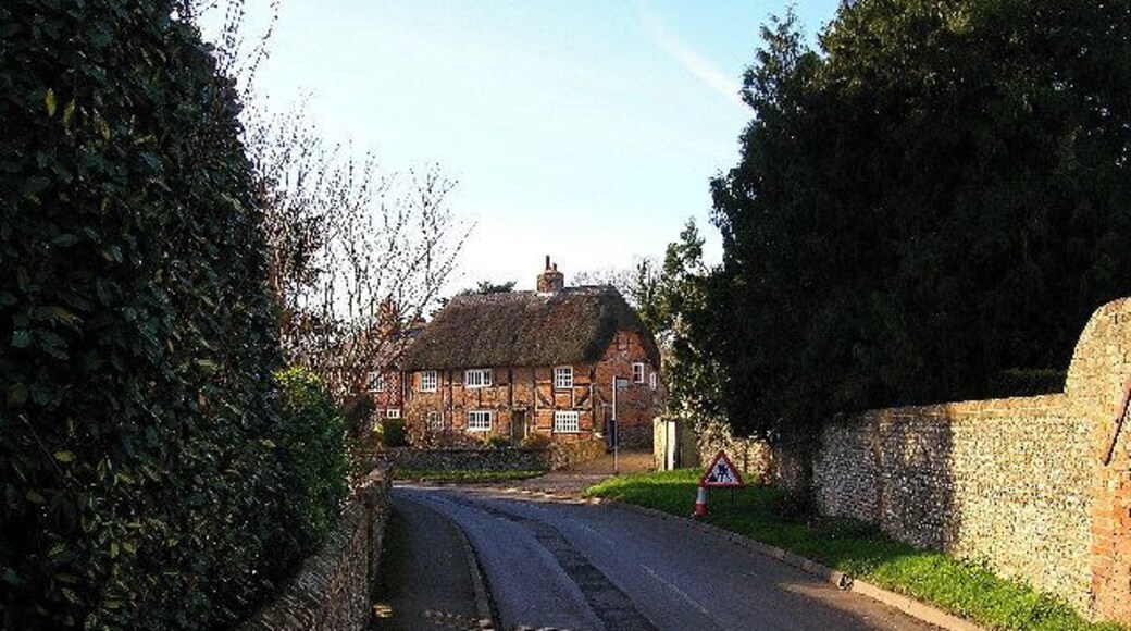 The Thatched House, West Ashling. What the picture doesn't make clear is the distinct herringbone brickwork. This view looks west from the junction of the B2146 and Down Street.