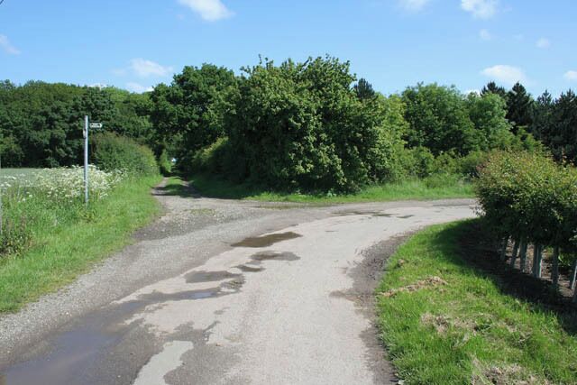 Farm road to Waterloo Farm The farm is to the right. The bridleway turns to go straight ahead through the trees towards Stragglethorpe. The grid boundary with SK9251runs up the righthand side of the road here, crosses the junction and follows the bridleway. The sign is in the featured square while the trees on the right are not.