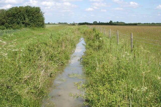 Drainage ditch near Waterloo Farm. Both Fulbeck and Leadenham Low Fields are criss-crossed by drainage ditches which tend to flow towards The Beck and the River Brant, This one didn't seem to be flowing anywhere as the far end, by the hedge in the middle distance, was dammed by a couple of concrete blocks. The buildings in the distance are Glebe Farm on the northern boundary of SK9252.