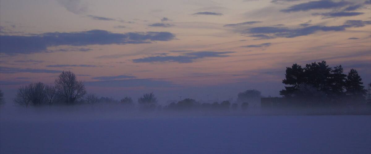 A foggy landscape with trees and a clear sky.