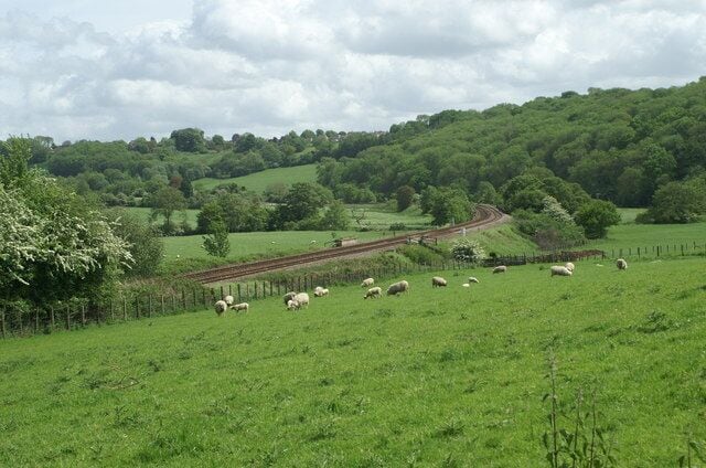 Avon Valley, Freshford. Looking southeast up the valley and the GWR from Station Road, Freshford