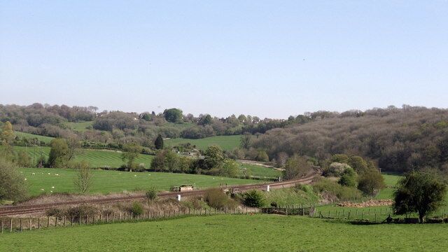 The valley between Freshford and Avoncliffe The Kennet and Avon canal follows the trees on the left and the river Avon hugs the trees to the right
