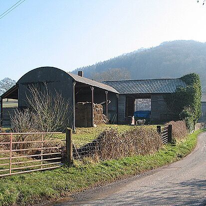Uma estrada rural com um celeiro e uma estrutura coberta.