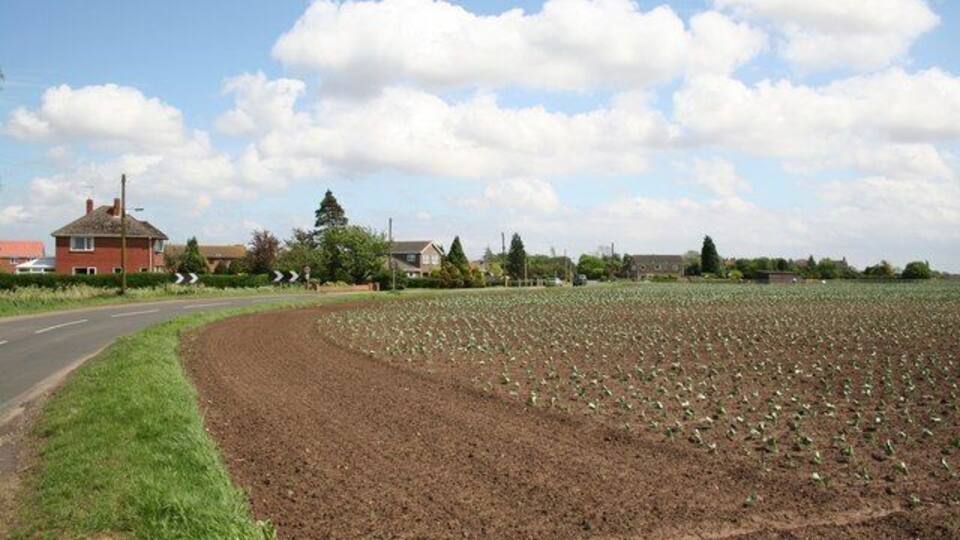 A rural road curving through a field with a red house on the left and a clear sky.