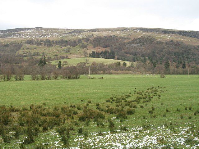 Un campo verde con parches de nieve dispersos, una colina con árboles y un cielo nublado.