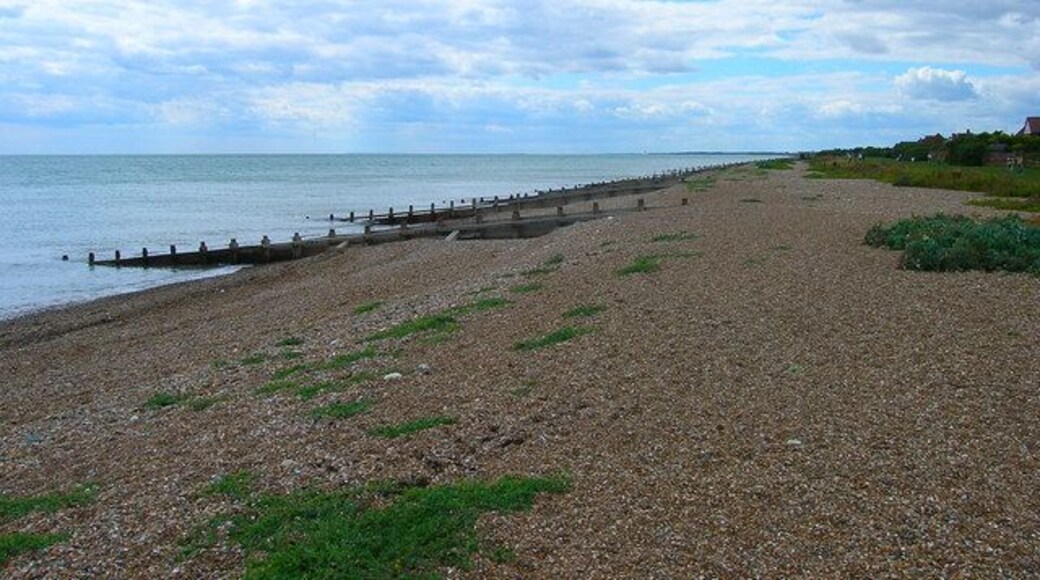 Kingston Gorse Beach Looking westwards from the eastern edge of the grid square. The greensward which separates the beach from the houses in Jingston Gorse is to the right.