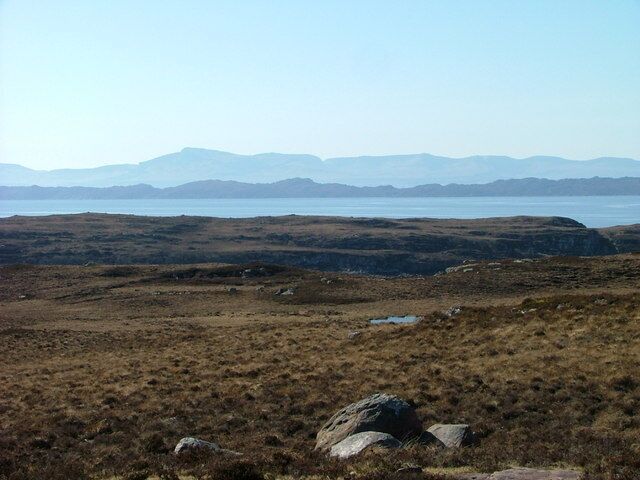 Moorland north of Cuaig Looking over the Inner Sound towards the island of Rona and in the far distance, the Trotternish ridge on Skye.