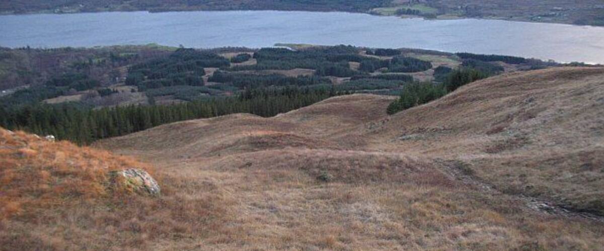A hilly landscape with a lake in the background.