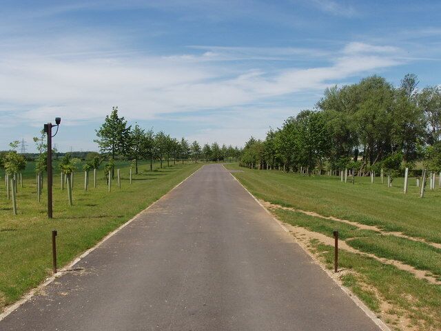 Drive to Foxley Farm The driveway had a closed gate, with a CCTV camera surveying it. The two posts either side of the track are an automatic gate opener. Newly planted trees are either side of the drive.