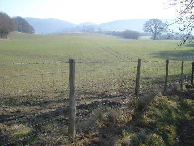 Farmland at Barland From Offa's Dyke Path looking eastwards to the wooded hills south of Presteigne.