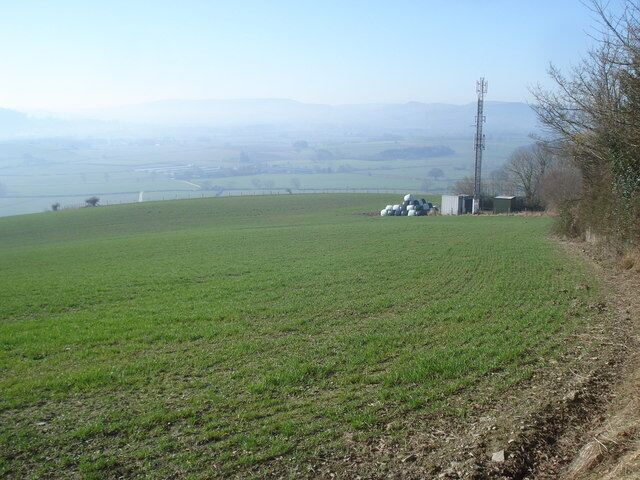 Telecommunications mast near Evenjobb From the Offa's Dyke Path looking south-west across the Walton Basin. Another view spoilt by such equipment. If they had to have one here, why not put a 'false tree' in the woodland just the other side of the lane. In the future, this view could get even worse if planning permission goes ahead for wind turbines on the hills south of New Radnor in the distance.