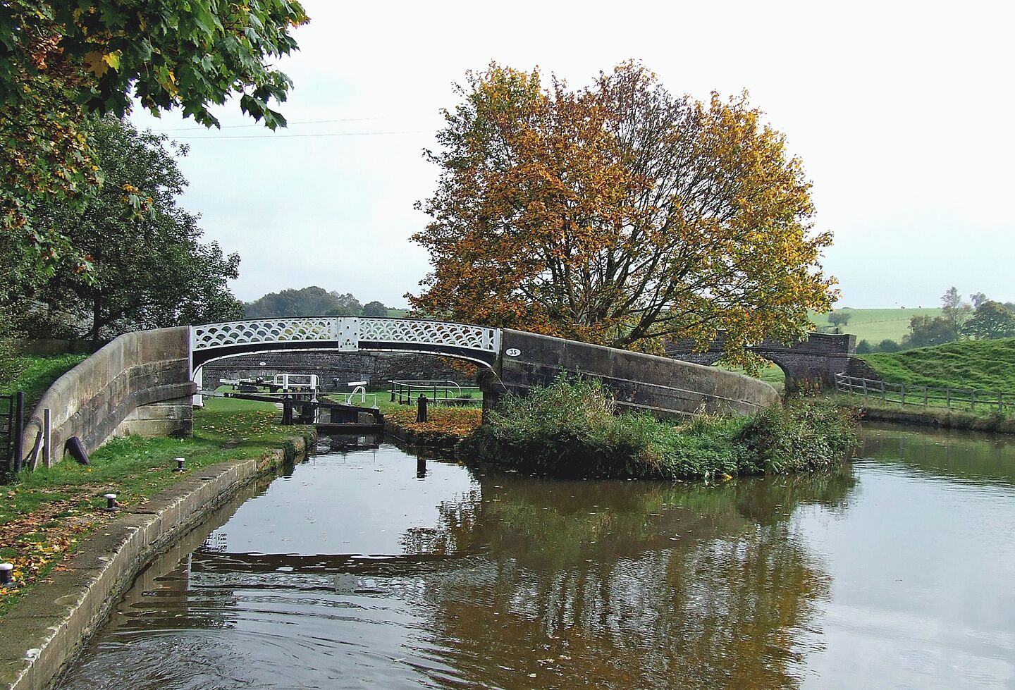 Hazelhurst Junction, Caldon Canal, Staffordshire The top lock to the left leads down to the Froghall Branch, while the route to the right, under Bridge No 1 leads to the terminus near Leek.