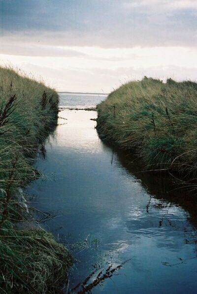 A narrow water channel flanked by grassy banks.