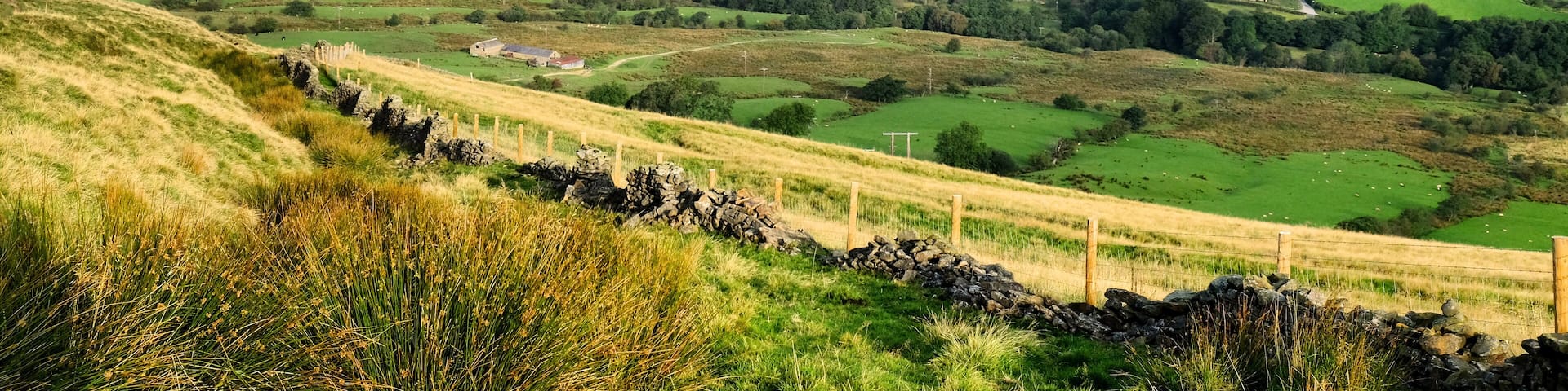 Rolling hills, a stone wall, and scattered houses in a rural landscape.