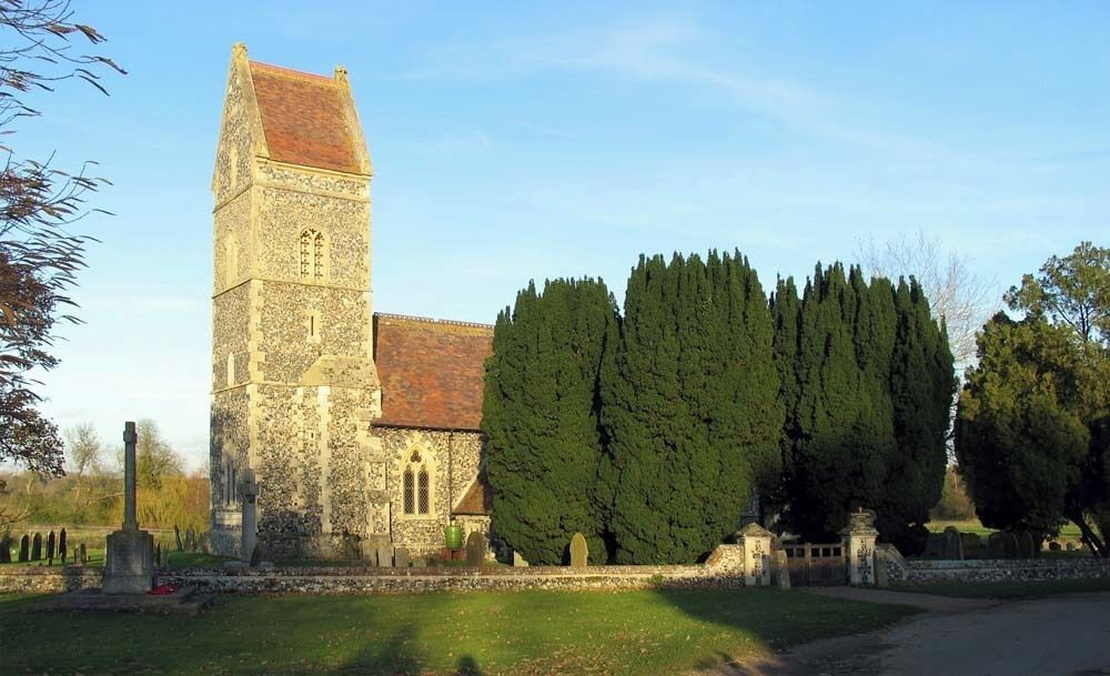 A historic church with a tall tower and a large cypress tree in front.
