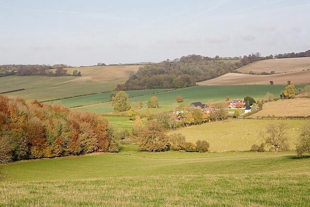 View towards Riplington from edge of Hen Wood Riplington is a hamlet at a minor crossroads. The River Meon flows right to left along the line of trees in the foreground before passing behind the bit of Hen Wood seen at left. Below the horizon is Burrow Plantation.