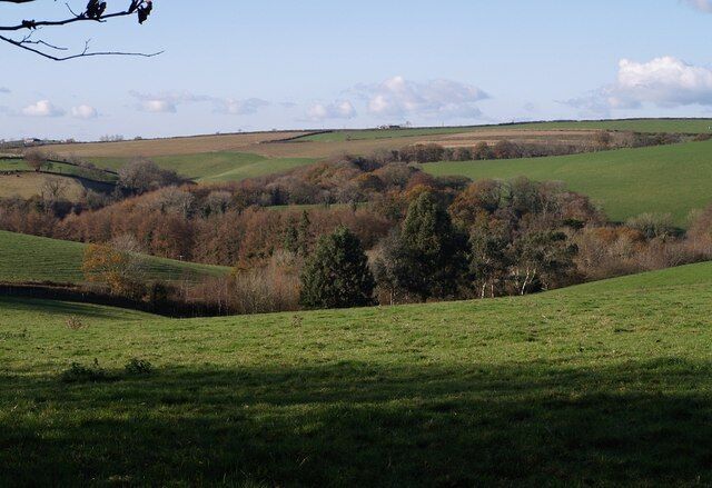 Valley of the Venn Taken from one of several sharp bends in the no through lane from West Buckland to Taddiport, followed by the Tarka Trail and the Macmillan Way West, both of which continue across the valley. The lane can be seen descending past the nearest trees, down a side valley. Left of centre, beyond Accott Woods, another deeper side valley enters from the opposite side of the Venn.