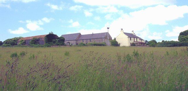 A rural landscape with a field, a farmhouse, and a barn.
