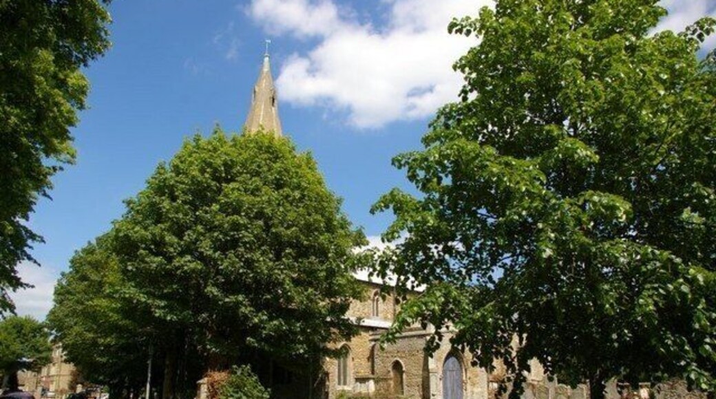 View northwest in Church Lane, Dodington, Cambridgeshire, showing trees in St Mary's parish churchyard with partsof the church visible beyond
