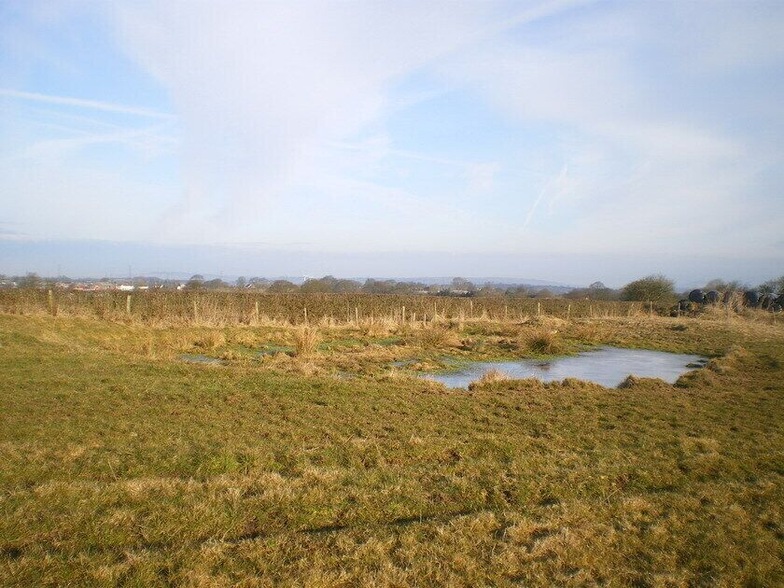 Dew pond on Mount Pleasant Looking northwest over Cellarhead - the twin wind turbines in the village should be just about discernible in the centre of the picture.