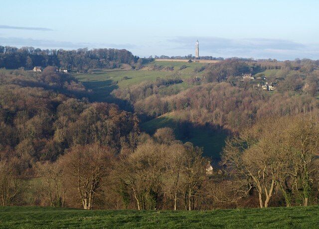 Towards Ozleworth Bottom Looking from the green lane shown in 1650322, as it reaches the crest of the valley side, across steep pasture to Holwell Wood in the foreground. The gable of 1650223 can be seen in the valley bottom right of centre. Between wooded slopes, a shadowed combe climbs towards 1649406 (left) and Ozleworth (right, in ST7993). On the skyline is 1647268.