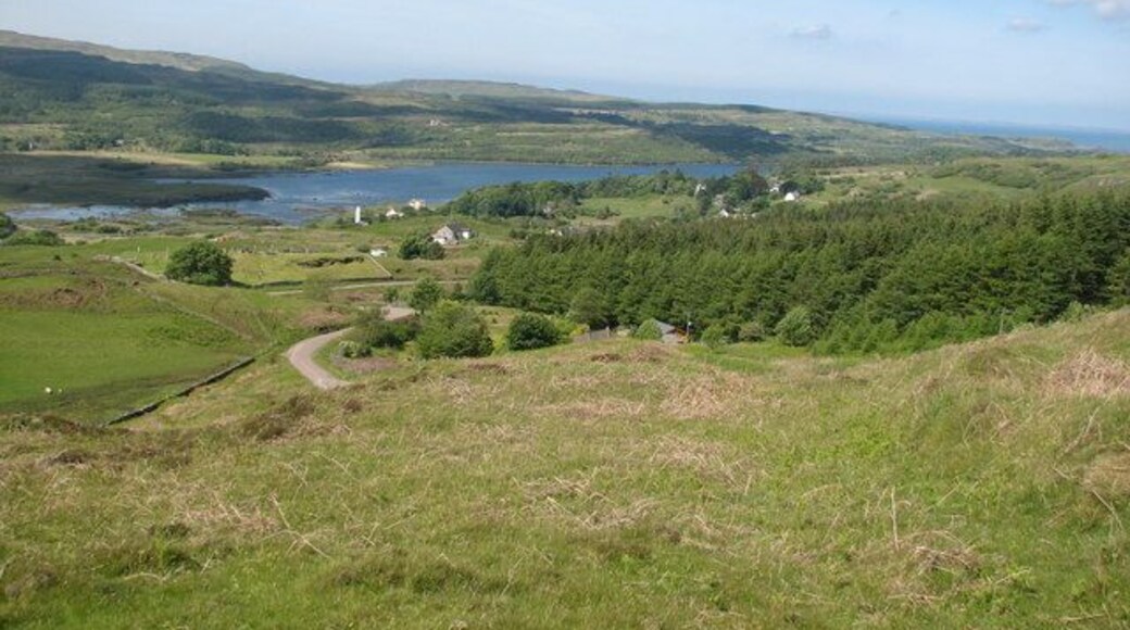 Dervaig Village This was taken from the viewpoint near the burial ground and shows the newly painted church Tower. It used to be plain grey.