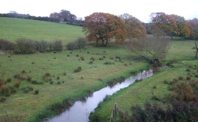 A rural landscape with a small stream, grassy fields, and trees with autumn foliage.