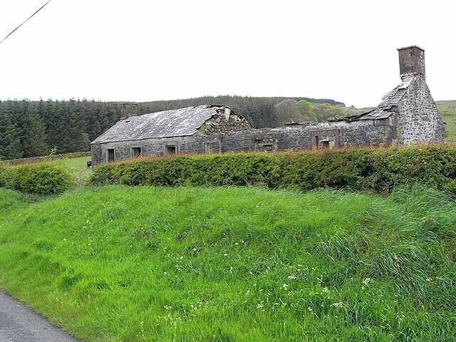 Ruined cottage near Meikle Beoch The wood in the background adjoins Larglanglea House