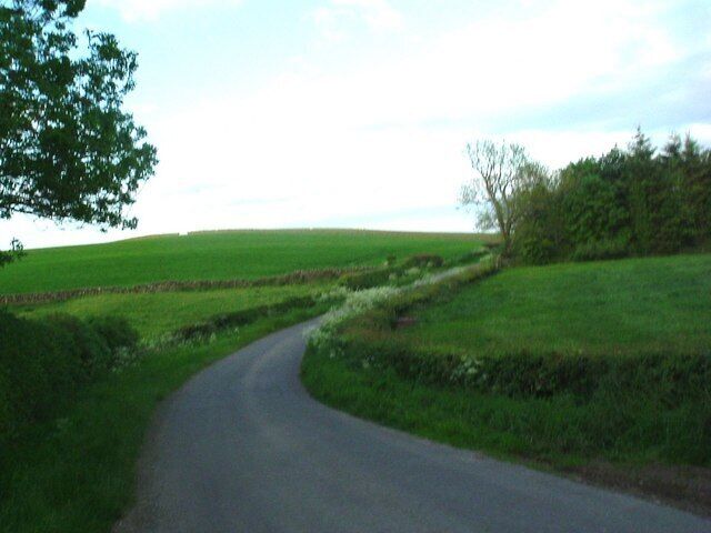 A narrow rural road curving through green fields with stone walls and trees.
