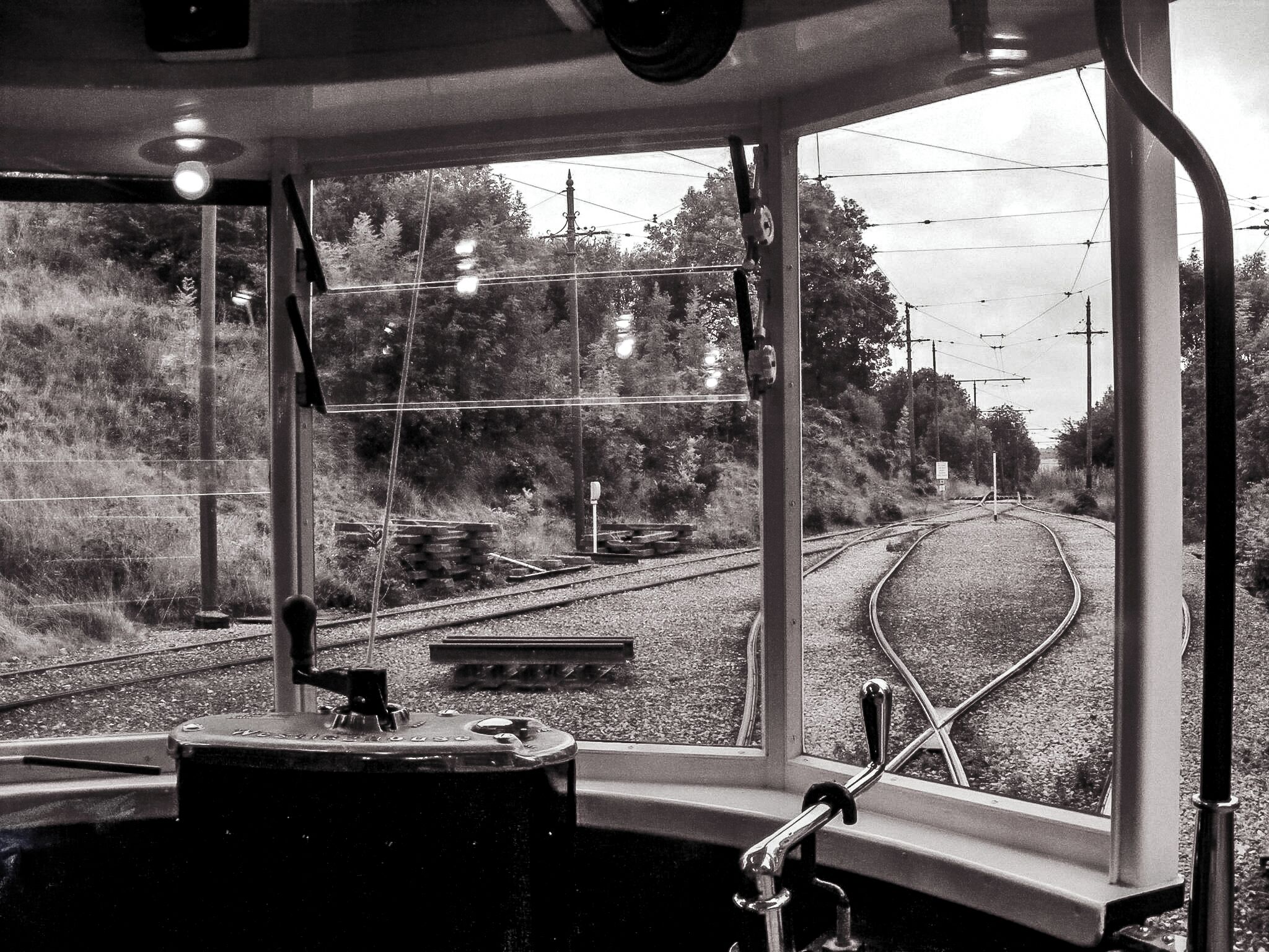 Black and White view from preserved tram window.