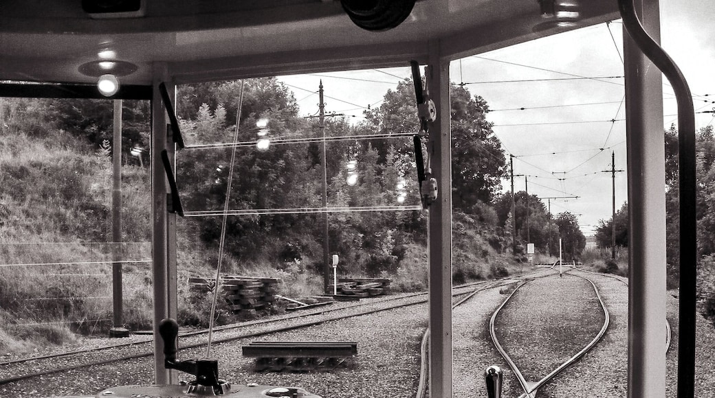 Black and White view from preserved tram window.