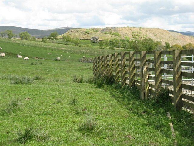 A grassy field with a wooden fence and sheep grazing in the distance.