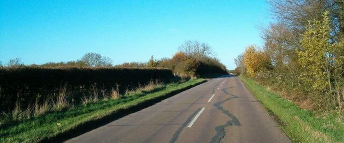 A rural road with a double white line in the center, flanked by grassy fields and trees.
