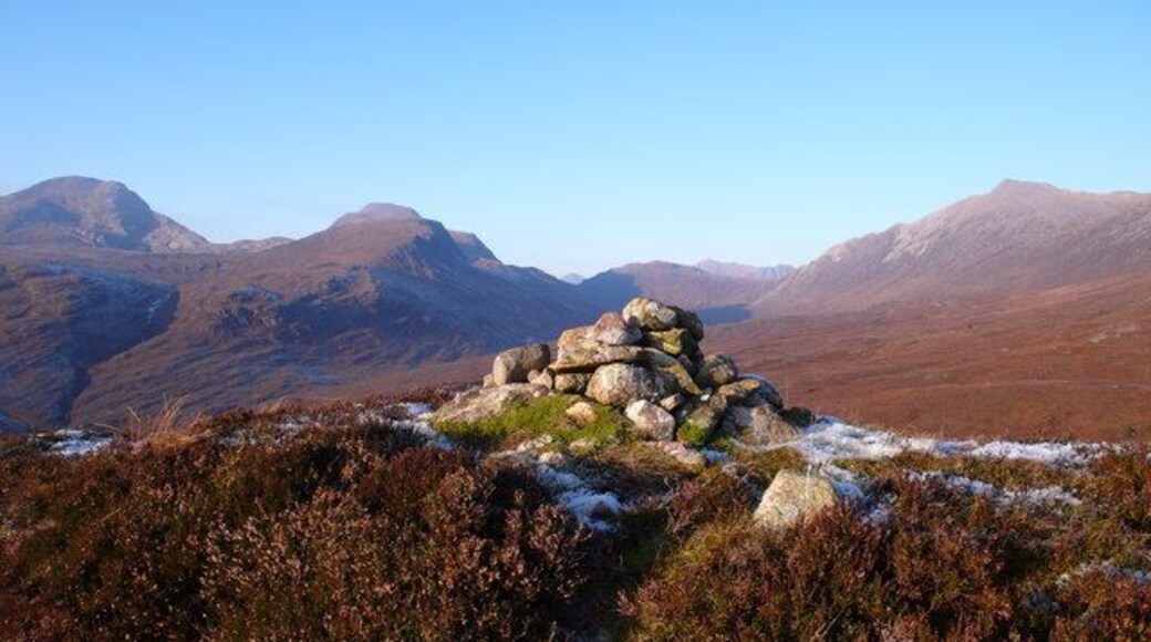 Summit cairn of Cnoc nan Each Cnoc nan Each, hill of the horse, in gaelic 311m gives a superb view. Red deer are often see on the upper slopes of the hills. In summer they avoid the midges found in the valley... the deer move down and in winter and especially early spring are seen on the low ground in Strath Carron.