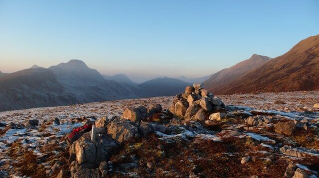 Cairn Eididh Frosty day in December looking towards the glacial trough of Fionn-abhainn and the mountains of Torridon in the distance. To south-west lies the little crofting hamlet of Coulags and the start of the walk to Annat. Lots of deer graze the area. No sheep at this height. Fox and a few eagles.