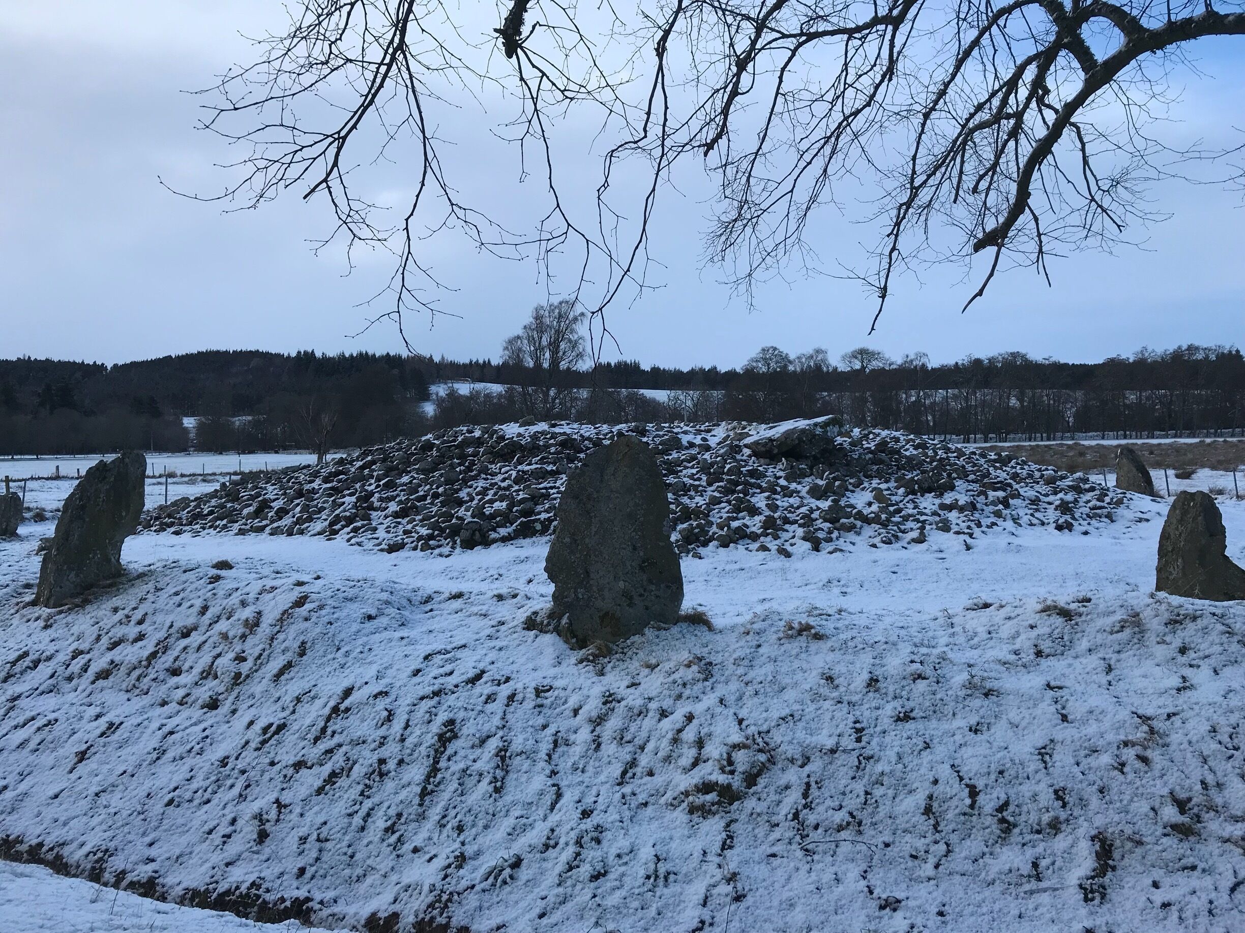 A snowy landscape with standing stones and a forest in the background.