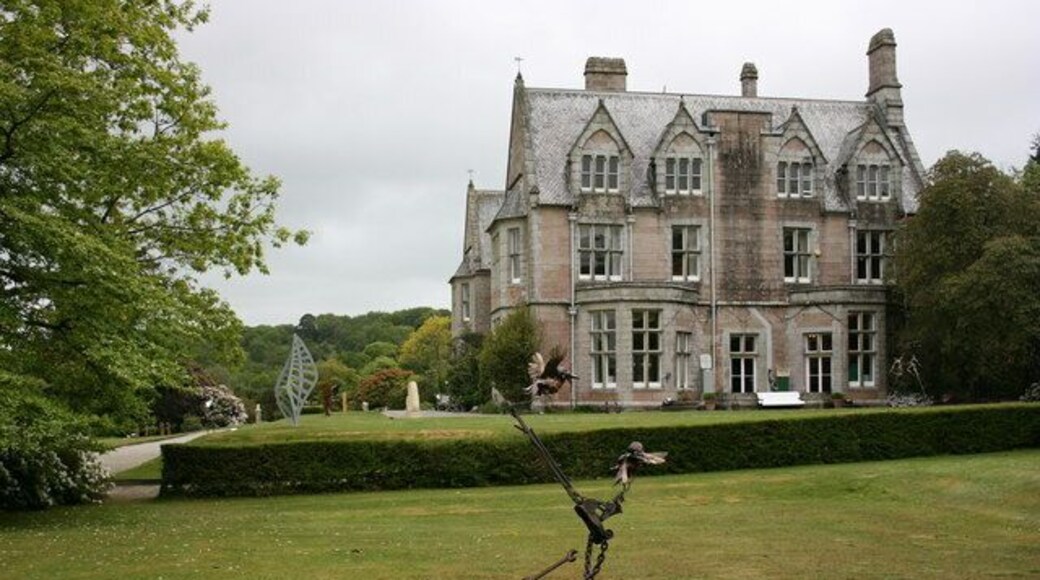 Delamore House, Cornwood The east front of this private house. In May annually an exhibition of artwork is staged in the house and its grounds - some of the garden sculptures can be seen on this grey and damp Dartmoor day.