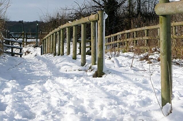 A snow-covered path with wooden posts and a wooden fence.