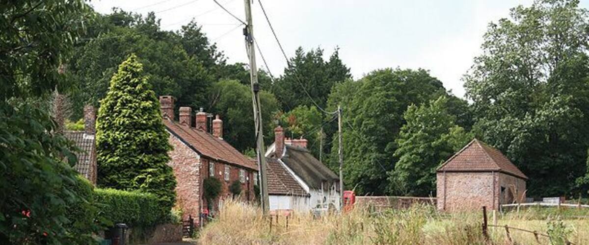 A narrow rural road flanked by houses and vegetation.