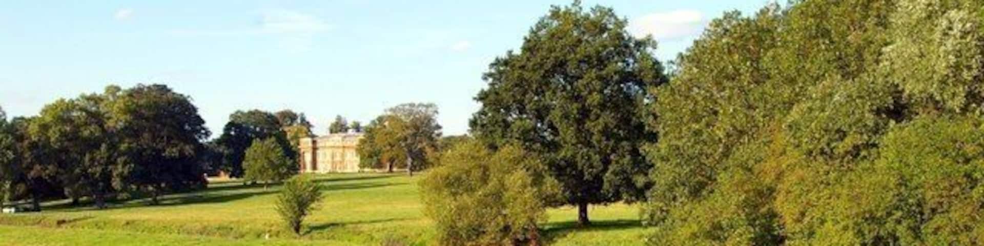 Turvey House View of the house, built in 1794, amid its lush parkland from the bridge over the Great Ouse.