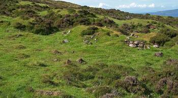 Shieling hut remains Grassy mounds and small sections of dry stone walling are all that remain of a large group of about sixteen shieling huts here on the eastern slope of Beinn na Crèiche. The remains are recorded on the Highland Environmental Record website - http://her.highland.gov.uk/SingleResult.aspx?uid=MHG4795 .