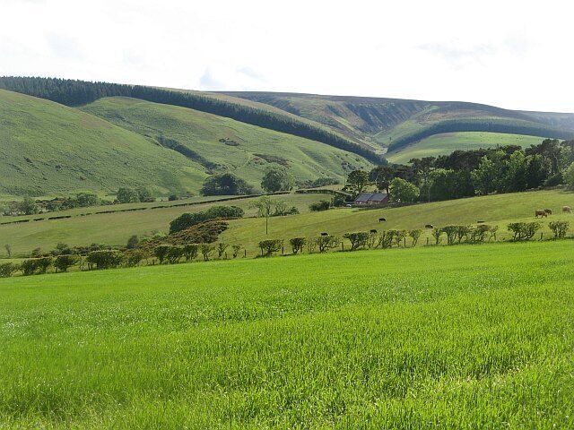 Rolling green hills, a small house, and a line of trees in a rural landscape.