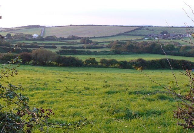 Paisaje rural con colinas ondulantes, un campo y árboles dispersos.