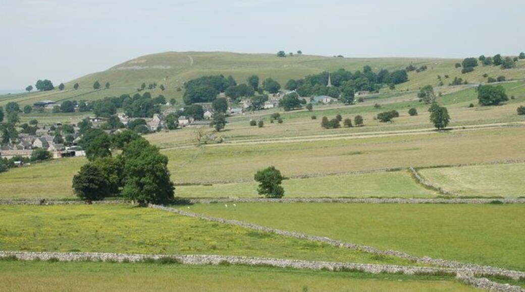 Dry stone walls at Chelmorton The marks on the hill overlooking the village state 'ENGLAND'.