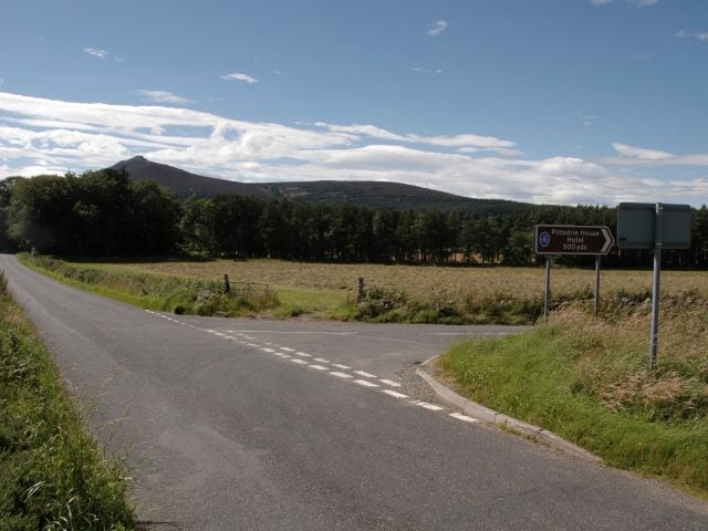 Road Junction and Fields Near Blair In the distance is Mither Tap NJ6822