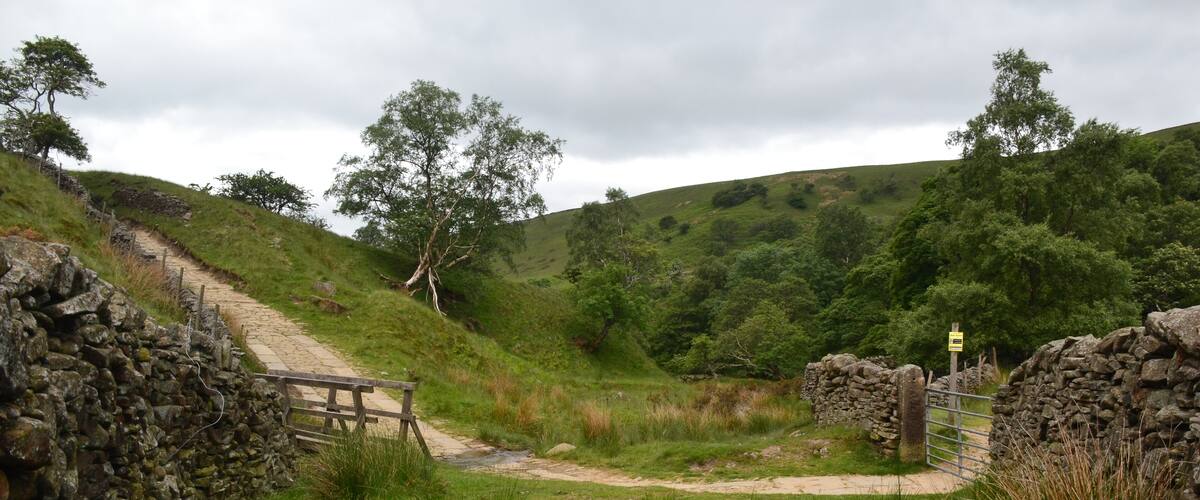 A stone wall, a wooden gate, and a grassy path leading uphill.
