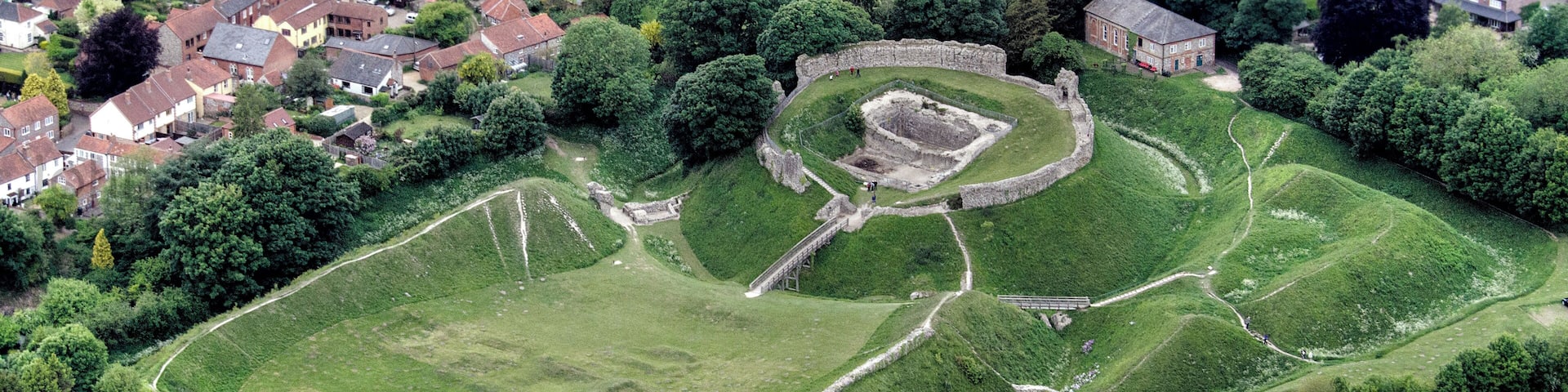 Aerial shot of Castle Acre Castle.